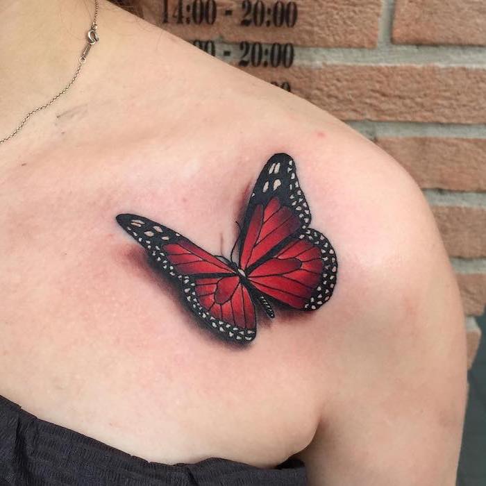 Tatouage Papillon Rouge 3d Sur La Clavicule