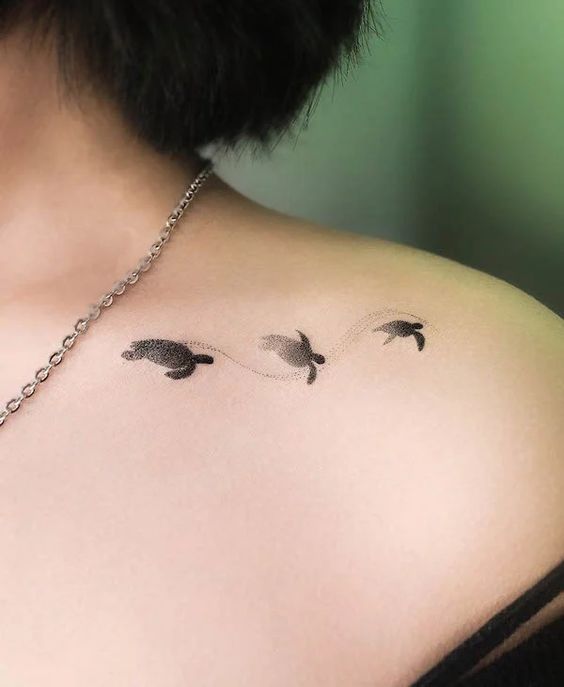 Tatouage Tortues En Noir Et Gris Sur La Clavicule