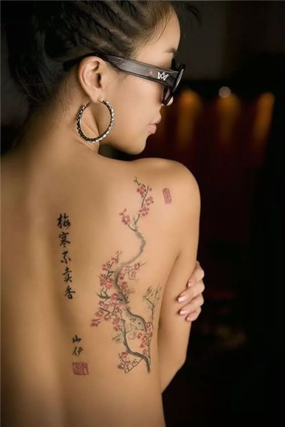 Tatouage Fleurs De Cerisier Et Symboles Japonais Sur Le Dos