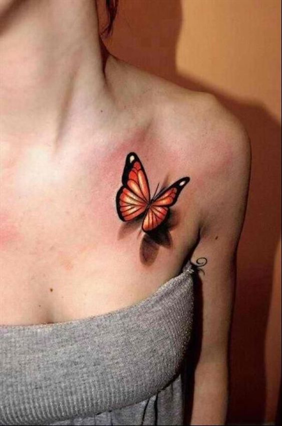 Tatouage Papillon Monarque 3d Sur La Clavicule