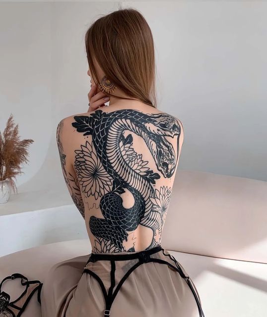 Tatouage Serpent Noir à Deux Têtes Sur Le Dos
