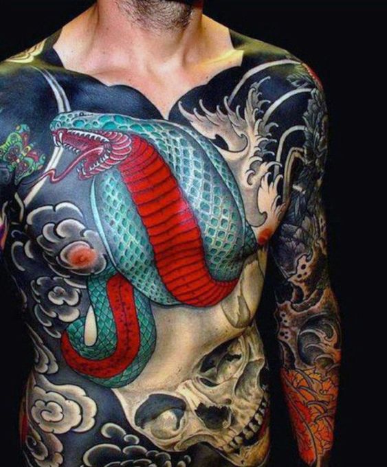Tatouage Cobra Et Crâne Sur Le Ventre
