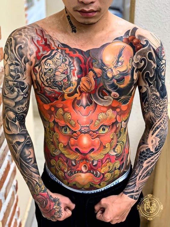 Tatouage Guerrier, Tigre Et Dragon Sur Le Ventre