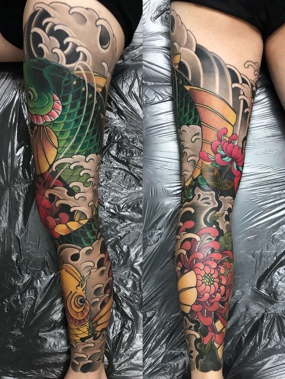 Tatouage Koï Vert Et Jaune Sur La Jambe
