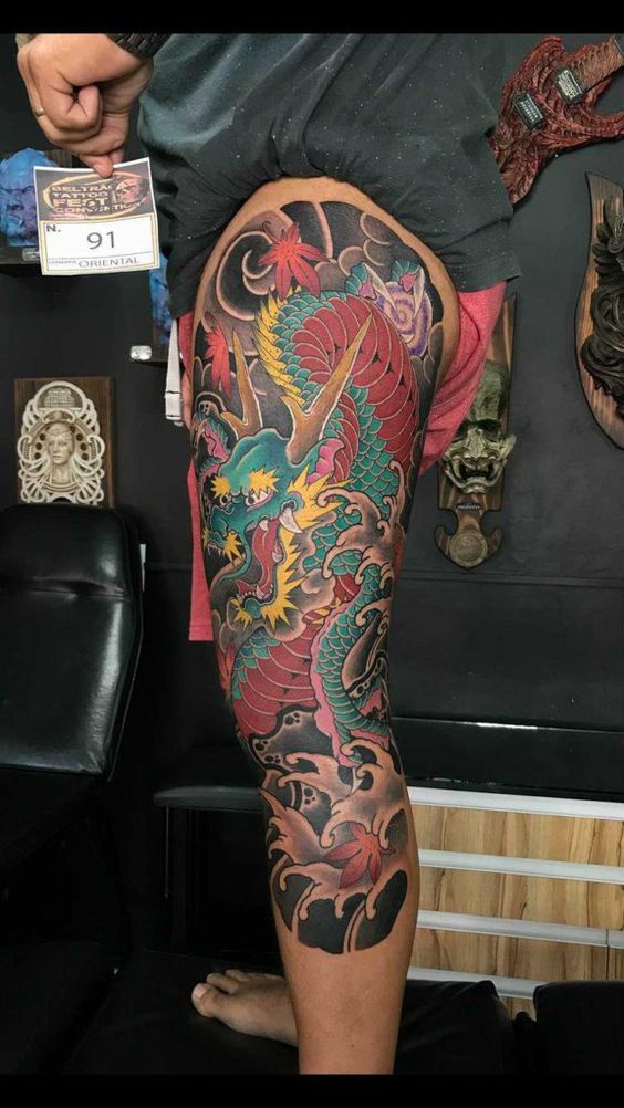 Tatouage Dragon Vert Sur La Jambe
