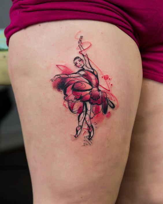 Tatouage Ballerine En Rouge Sur La Cuisse