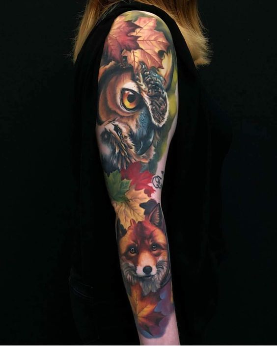 Tatouage Hibou Et Renard Sur Le Bras