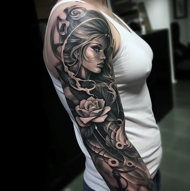 Tatouage Femme Et Rose En Noir Et Gris Sur Le Bras