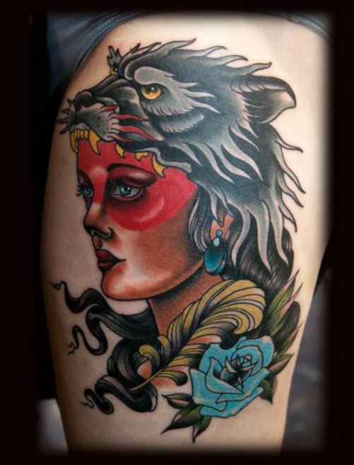 Tatouage Femme Loup Sur La Cuisse