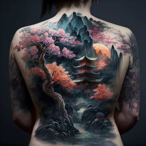 Tatouage Paysage Coloré Sur Le Dos