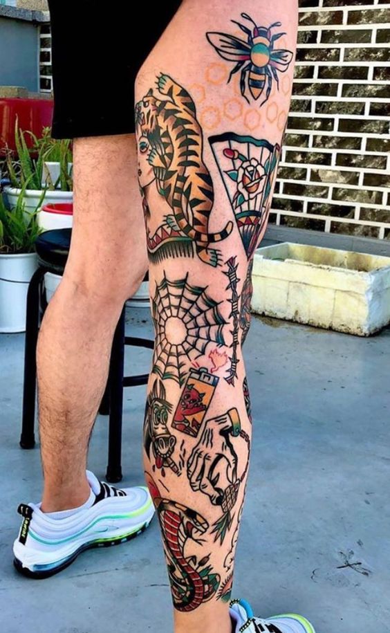 Tatouage Abeille, Tigre Et éventail Sur La Cuisse