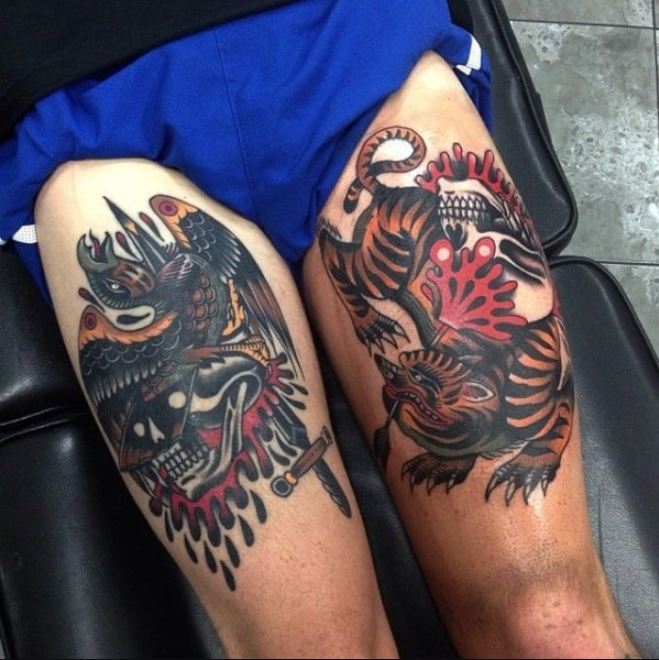 Tatouage Aigle Et Tigre Sur La Cuisse
