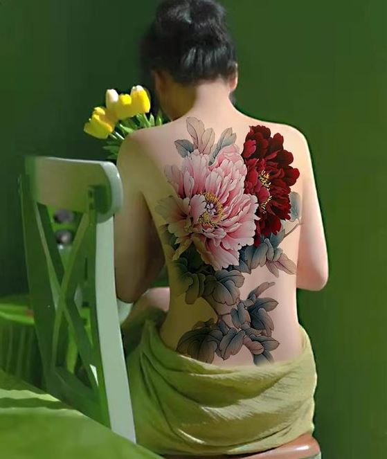 Tatouage Pivoines Rouge Et Rose Sur Le Dos