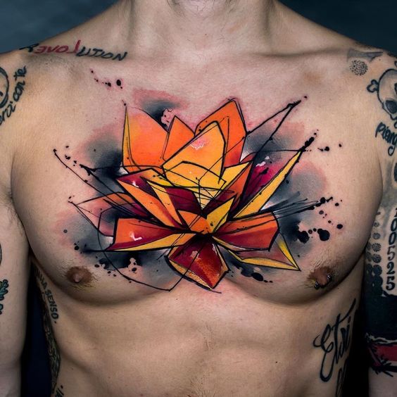 Tatouage Fleur Géométrique Orange Sur Le Torse
