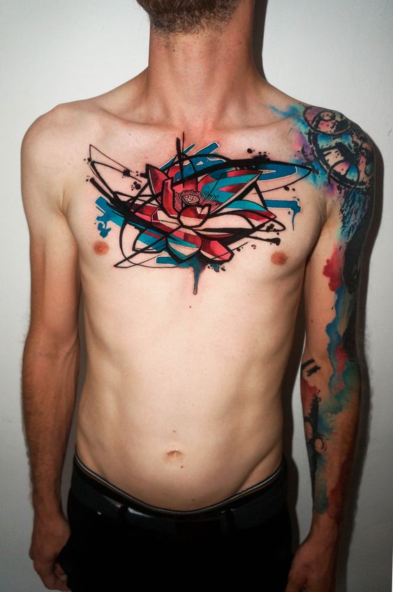 Tatouage Lotus Graphique Rouge Sur Le Torse