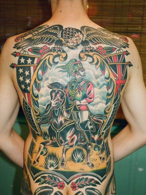 Tatouage Cavalier Et Aigle Sur Le Dos