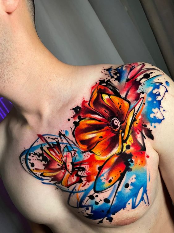 Tatouage Fleurs Oranges Sur Le Torse