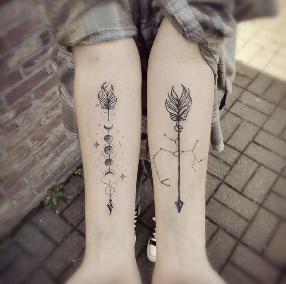 Tatouage Flèches, Lunes Et Constellation Sur L'avant Bras