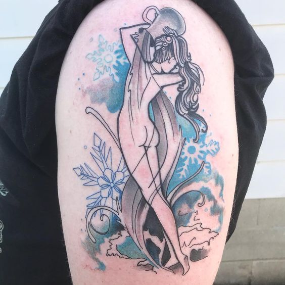 Tatouage Femme Avec Vase Et Flocons De Neige Sur Le Bras