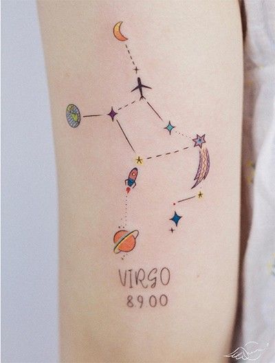 Tatouage Constellation Colorée Avec Date Sur Le Bras