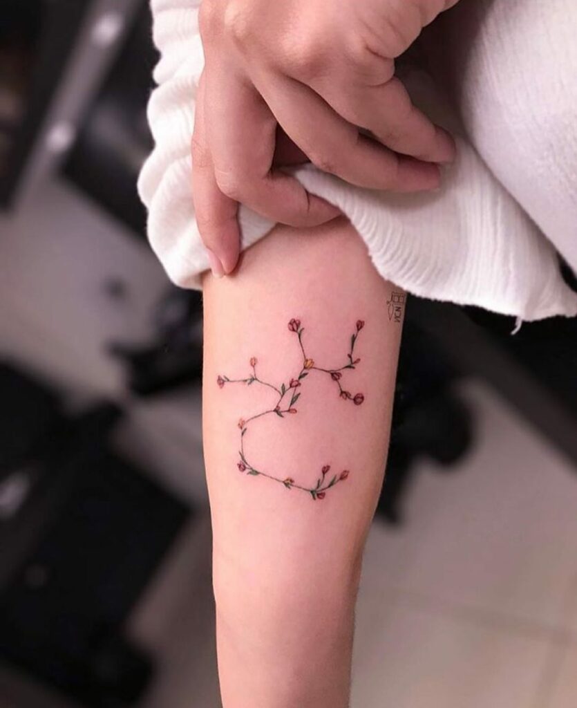 Tatouage Constellation Du Sagittaire En Fleurs Colorées Sur L'avant Bras