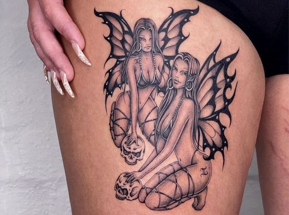 Tatouage Femmes Ailées Jumelles Sur La Cuisse