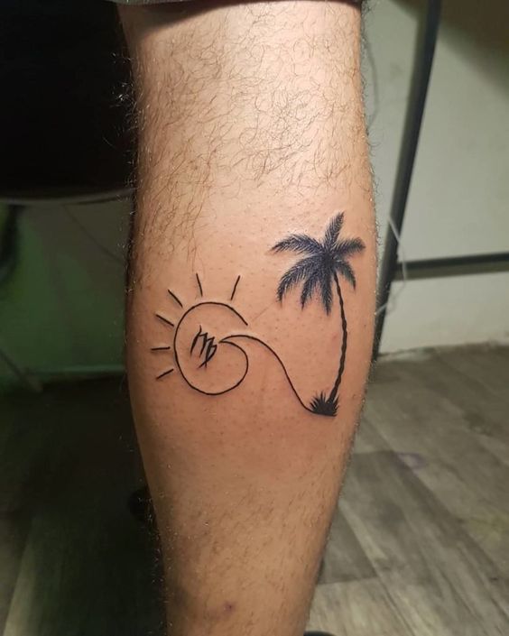 Tatouage Signe Vierge Avec Soleil Et Palmier Sur La Jambe