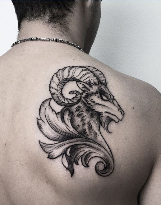 Tatouage Tête De Bélier En Noir Et Gris Sur Le Dos