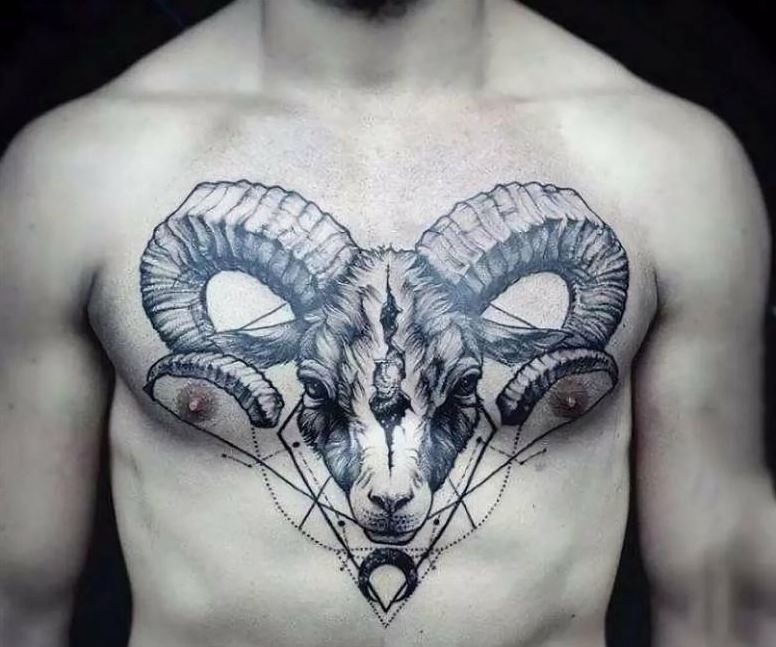 Tatouage Tête De Bélier Avec Traits Et Dots Sur Le Torse