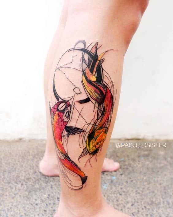 Tatouage Poissons Graphiques Et Constellation Sur La Jambe
