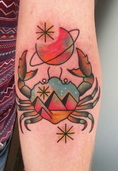 Tatouage Signe Cancer Et Paysage Sur L'avant Bras