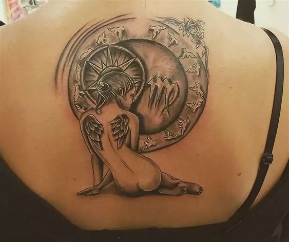 Tatouage Signe Vierge Avec Colombes Et Ange Sur Le Dos