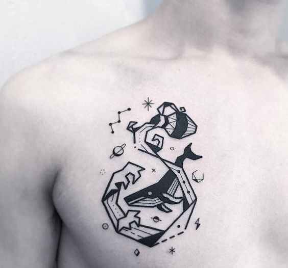 Tatouage Vase, Vague Et Baleine Sur Le Torse