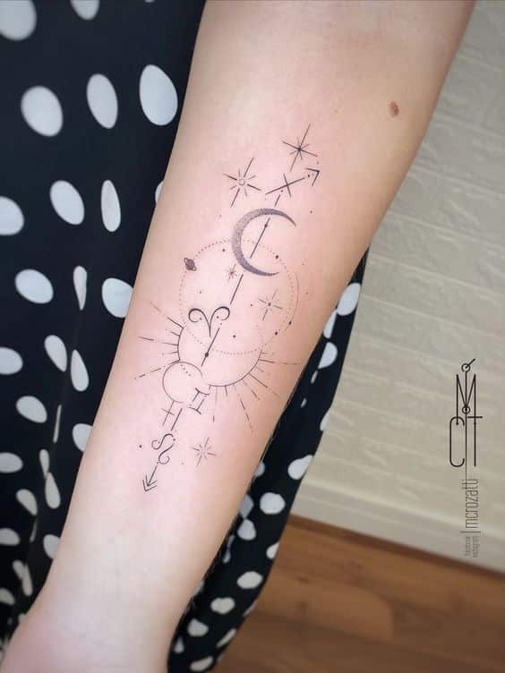 Tatouage Astres Et Symbole Bélier Sur L'avant Bras
