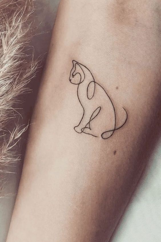 Tatouage Chat En Trait Unique Sur L'avant Bras