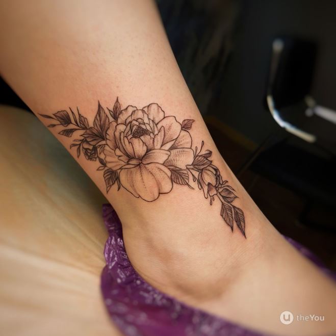 Tatouage Pivoines Grises Sur La Cheville