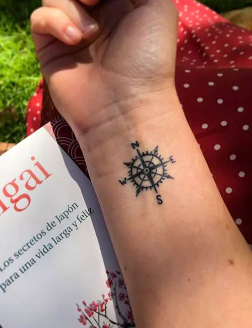 Tatouage Boussole à L'encre Noire Sur Le Poignet