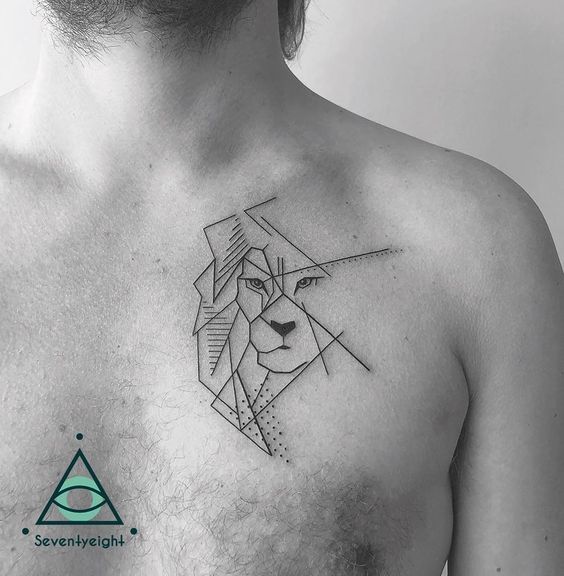 Tatouage Tête De Lion Géométrique Sur Le Torse
