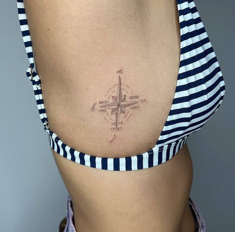 Tatouage Boussole Minimaliste Avec Dates Sur Les Côtes