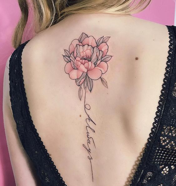 Tatouage Pivoine Et Mot Always Sur Le Dos