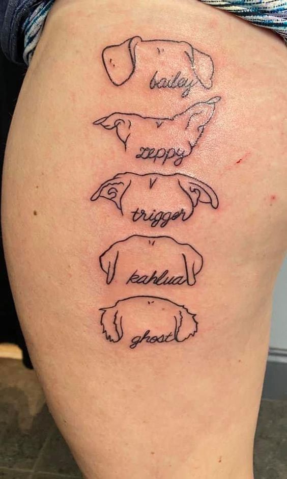 Tatouage Oreilles De Chiens Avec Prénoms Sur La Cuisse